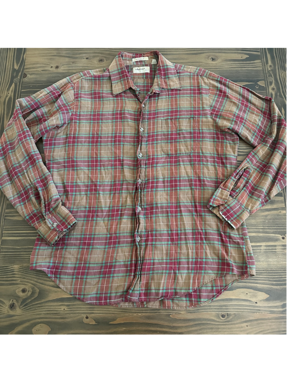 Arrow Chevella Men's Large Brown Red Teal Plaid Button Down Shirt